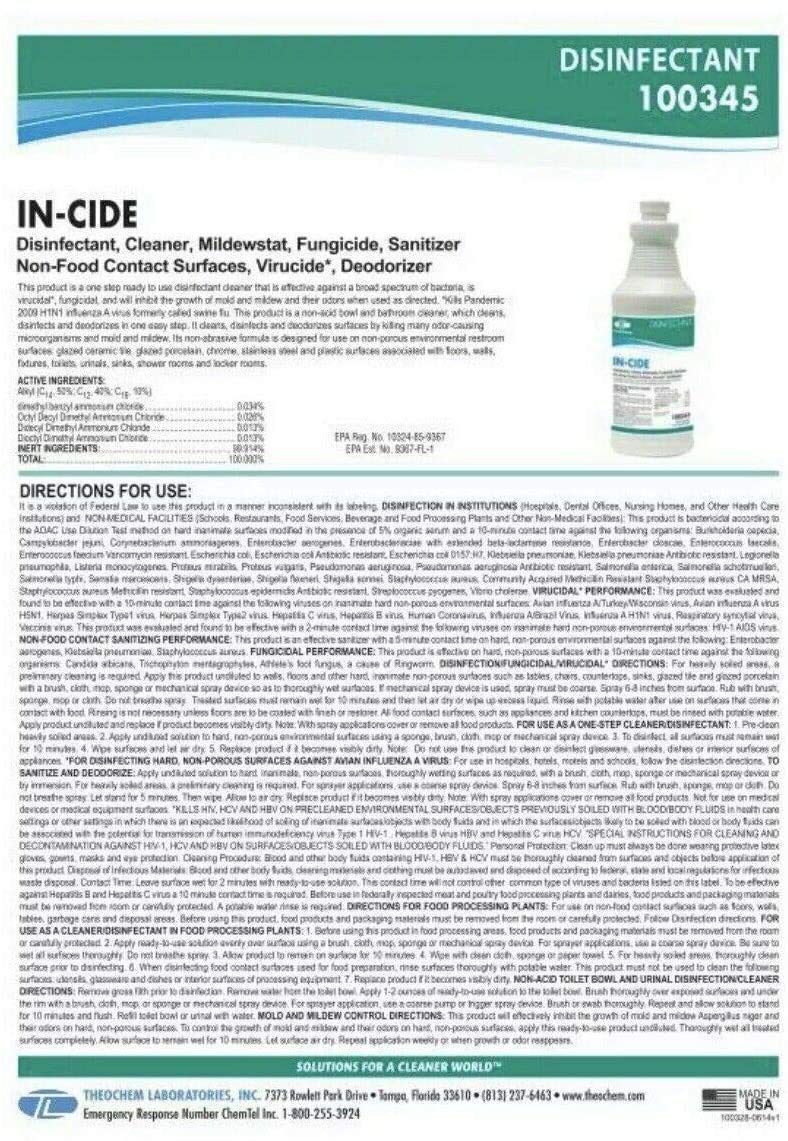 Theochem Laboratories In-Cide - Desinfectante y Limpiador Multifunción (1/4 de galón)