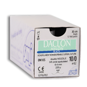 Sutura Dacron Nylon - Hilo 10-0, 30 cm, 2 Agujas 3/8 Punta Espatulada, 6.4 mm (Ref. ON105)