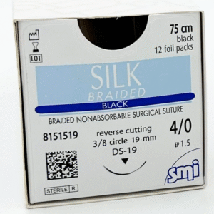 Sutura de Seda Negra - Hilo 4-0, 75 cm, Aguja 3/8 Corte Reverso, 19 mm (Ref. 8151519)