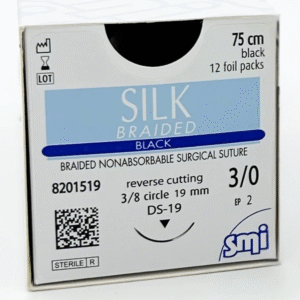 Sutura de Seda Negra - Hilo 3-0, 75 cm, Aguja 3/8 Corte Reverso, 19 mm (Ref. 8201519)