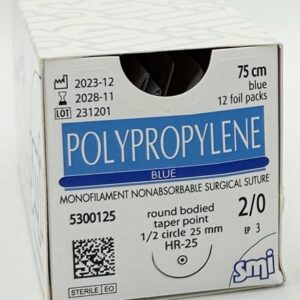 Sutura de Polipropileno Azul – Hilo 2-0, 75 cm, Aguja 1/2 Punta Redonda, 25 mm (Ref. 5300125)