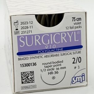Sutura Reabsorbible Surgicryl Poliglactina 910 – Hilo 2-0, 75 cm, Aguja 1/2 Punta Redonda, 36 mm (Ref. 15300136)